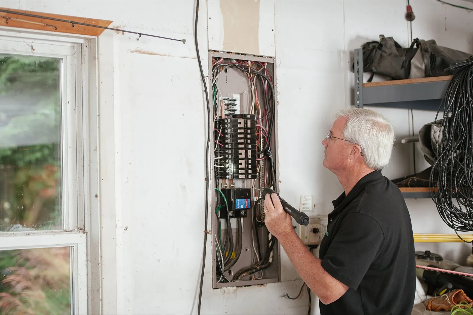 Electrician shining a flashlight into an open residential breaker panel in a garage