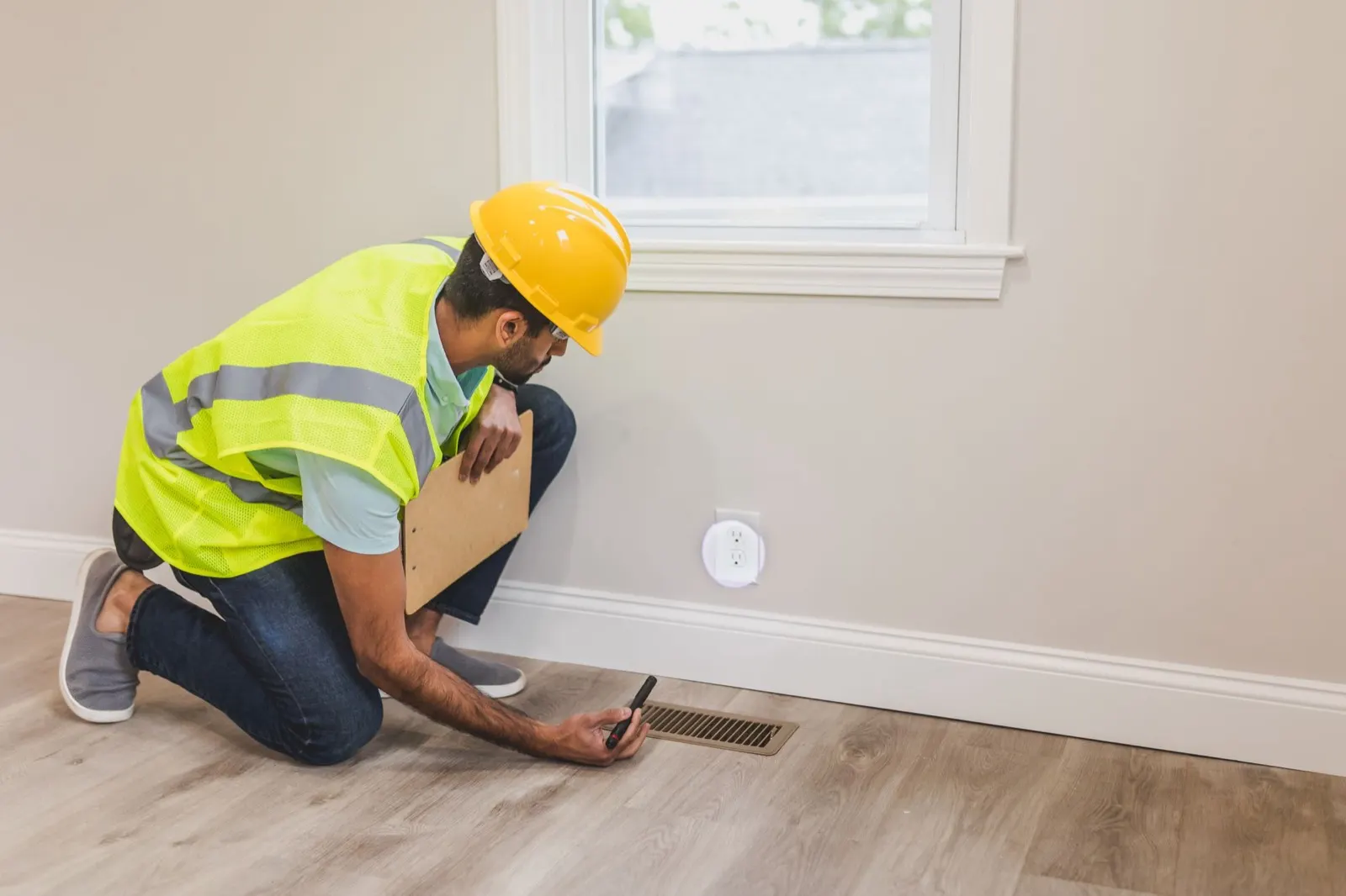 Inspector in a hard hat and safety vest kneeling with a clipboard beside a wall outlet and floor vent