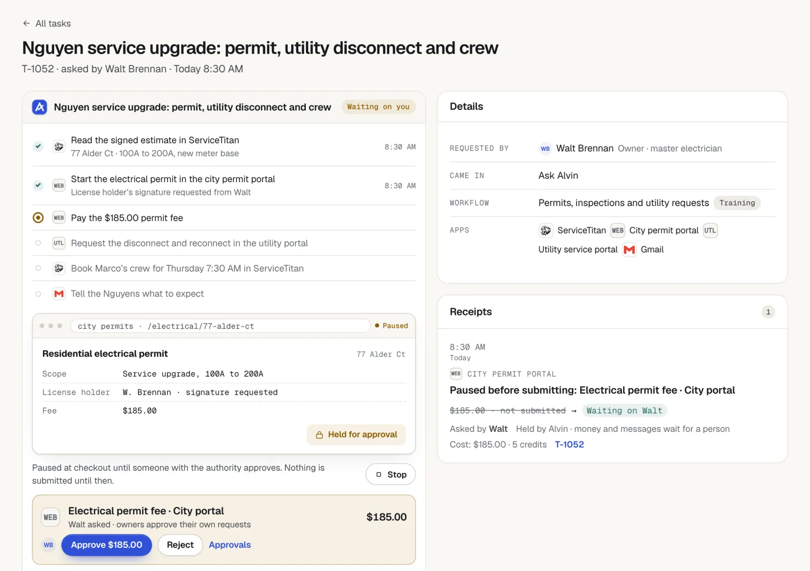 Alvin task 'Nguyen service upgrade: permit, utility disconnect and crew' paused at the city permit portal, showing a residential electrical permit form, a $185.00 fee held for approval, and the remaining steps for the utility disconnect and crew booking.