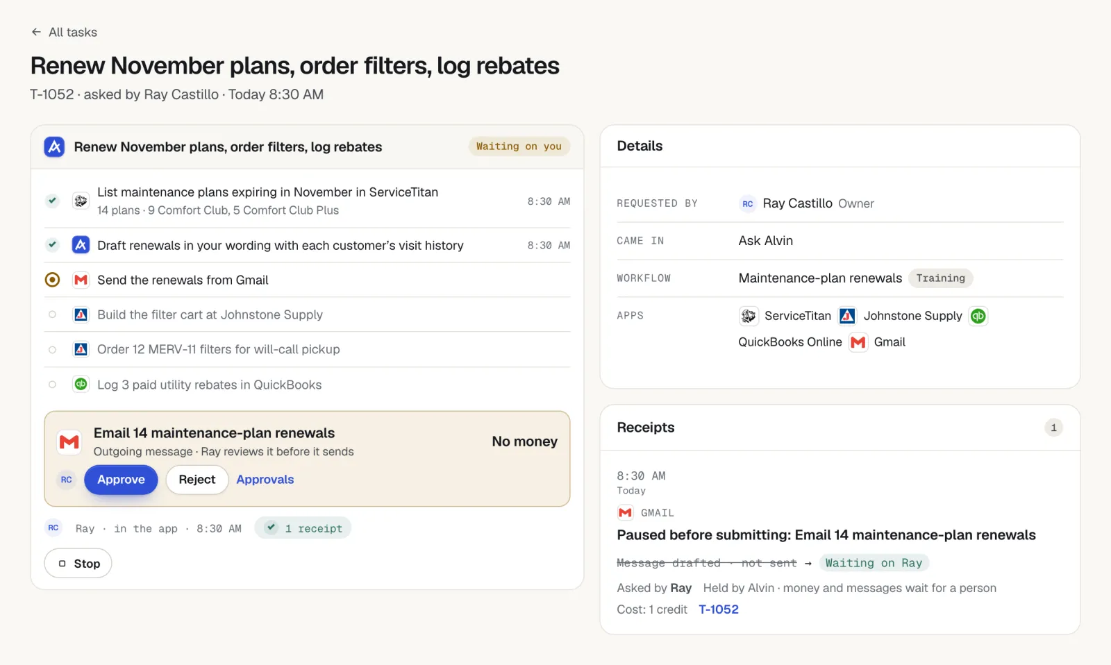 Alvin task 'Renew November plans, order filters, log rebates' waiting on approval to email 14 maintenance-plan renewals, with the filter order and rebate logging steps still to come.