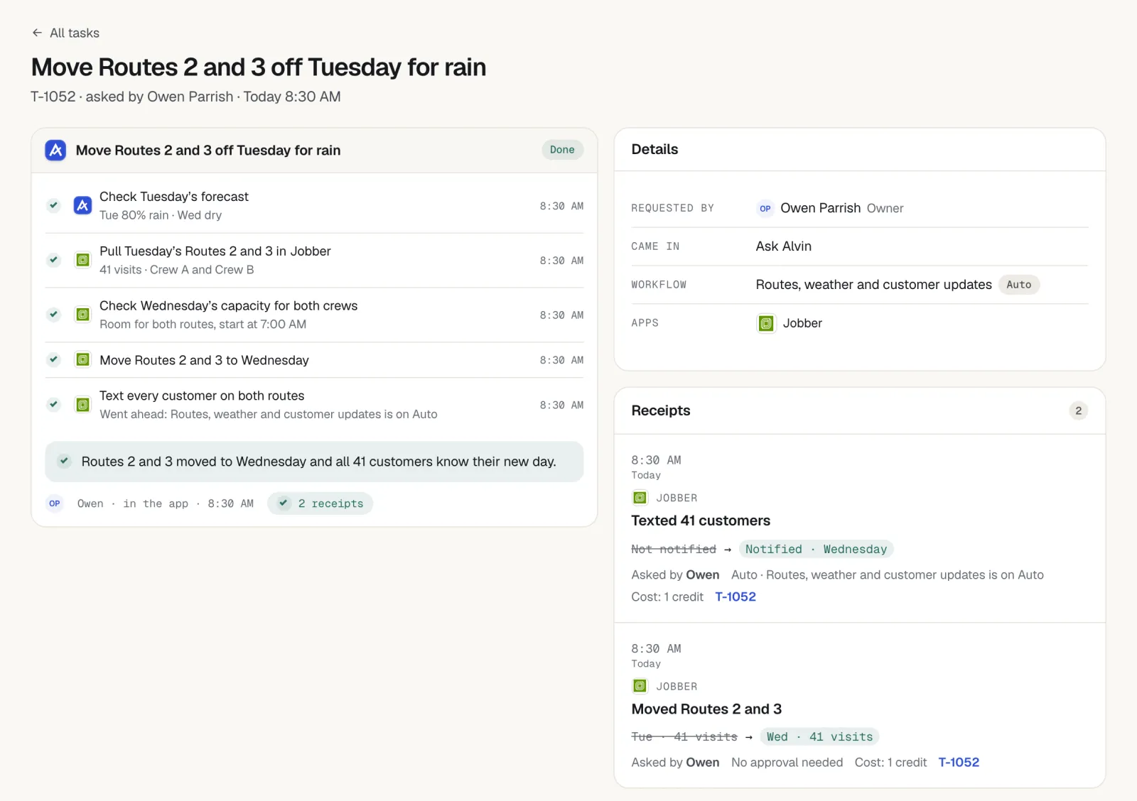 Alvin task 'Move Routes 2 and 3 off Tuesday for rain' marked Done, with steps to check the forecast, pull the routes in Jobber, check Wednesday capacity, move the routes and text customers, plus receipts.