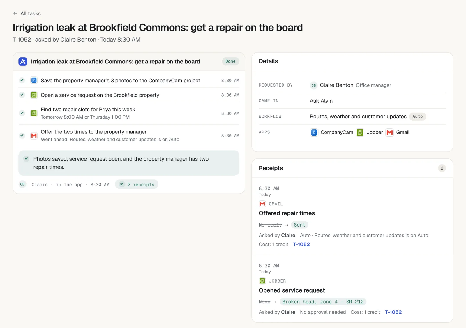 Alvin task 'Irrigation leak at Brookfield Commons: get a repair on the board' marked Done, with steps to save photos, open a service request, find two repair slots and offer the times, plus receipts.