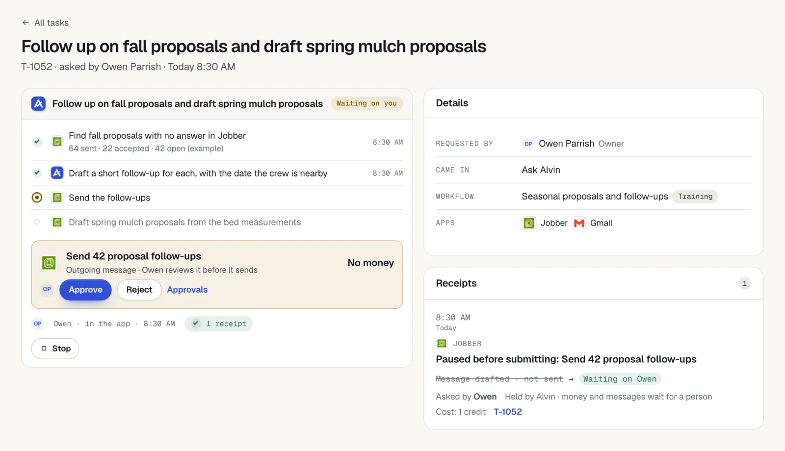 Alvin task 'Follow up on fall proposals and draft spring mulch proposals' waiting on approval to send 42 proposal follow-ups, with spring mulch proposals as the next step.