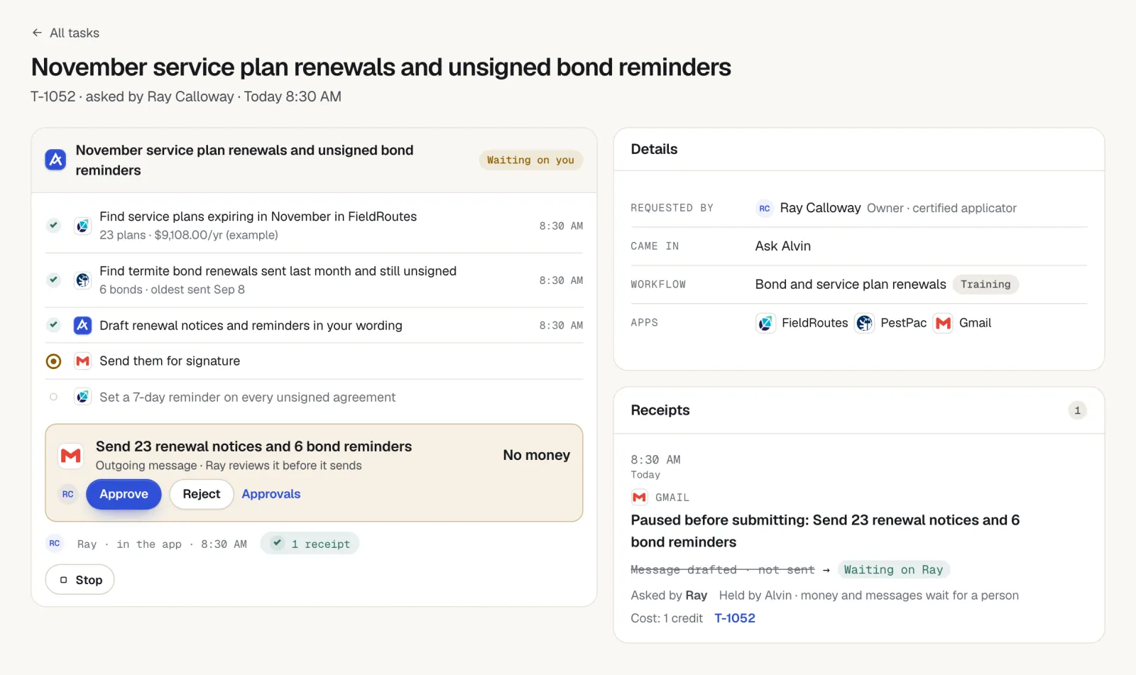 Alvin task 'November service plan renewals and unsigned bond reminders' waiting on approval to send 23 renewal notices and 6 bond reminders, with a 7-day reminder step queued.