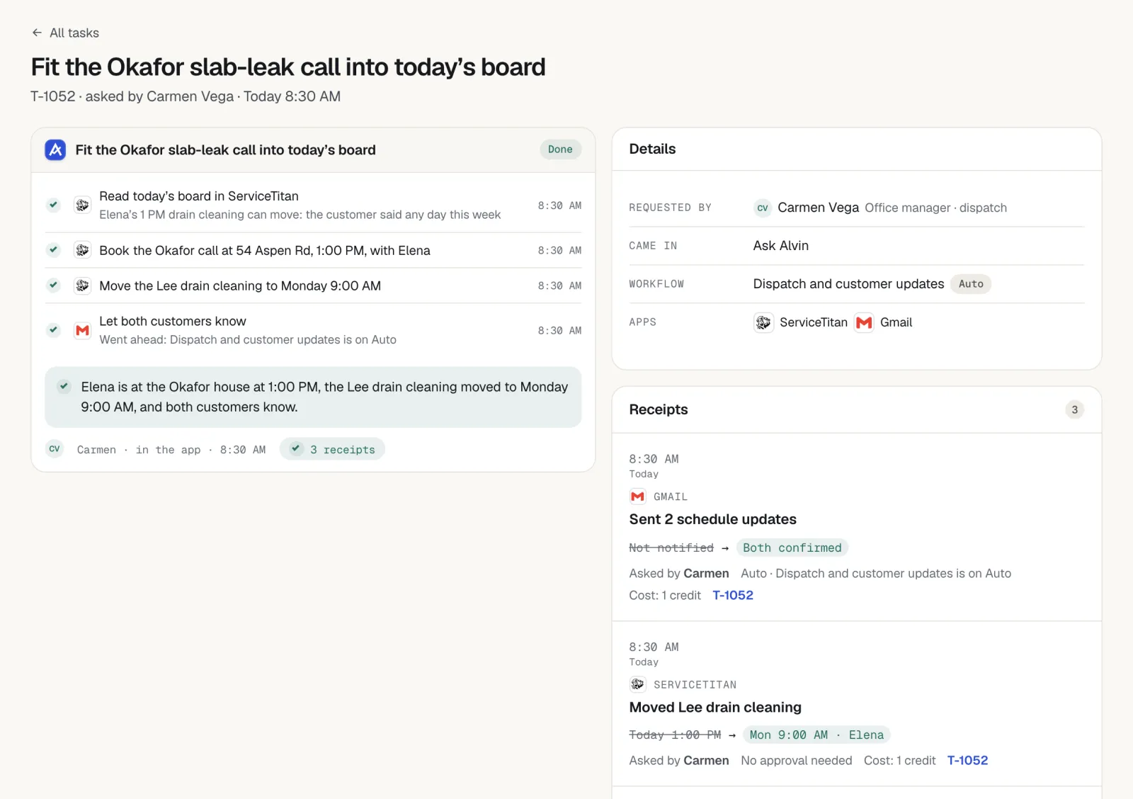 Alvin task 'Fit the Okafor slab-leak call into today's board' marked Done, with steps to read the ServiceTitan board, book the call, move another job to Monday and notify both customers, plus receipts.