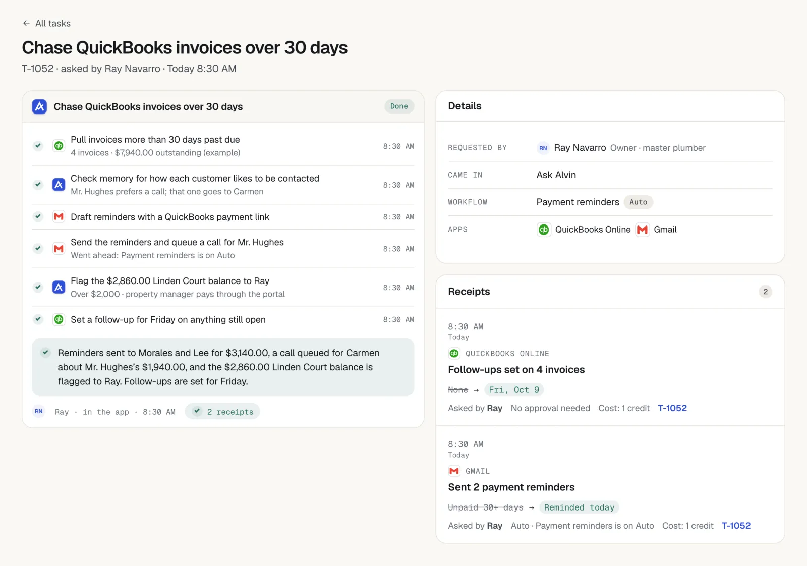 Alvin task 'Chase QuickBooks invoices over 30 days' marked Done, with steps to pull overdue invoices, check contact preferences, send reminders with a payment link, flag a large balance and set follow-ups, plus receipts.