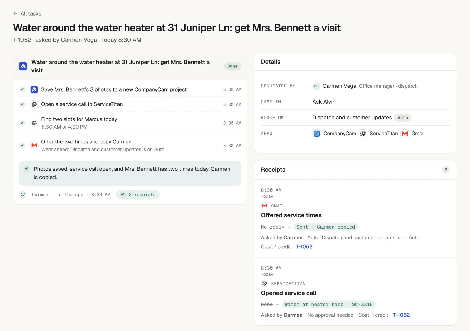 Alvin task 'Water around the water heater at 31 Juniper Ln: get Mrs. Bennett a visit' marked Done, with steps to save photos, open a service call, find two slots and offer the times, plus receipts.