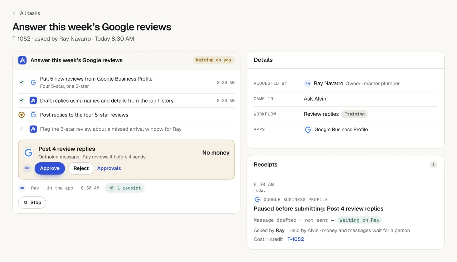 Alvin task 'Answer this week's Google reviews' waiting on approval to post 4 review replies, with a step to flag a 3-star review about a missed arrival window.