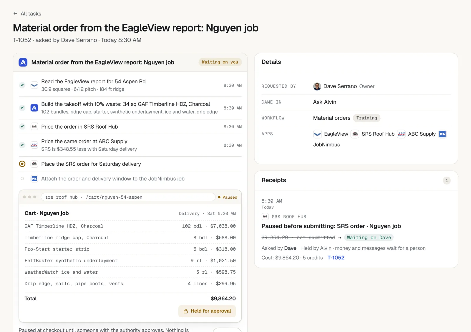 Alvin task 'Material order from the EagleView report: Nguyen job' paused at an SRS Roof Hub cart of GAF Timberline HDZ shingles, ridge cap, starter, underlayment, ice and water and accessories totaling $9,864.20, held for approval.