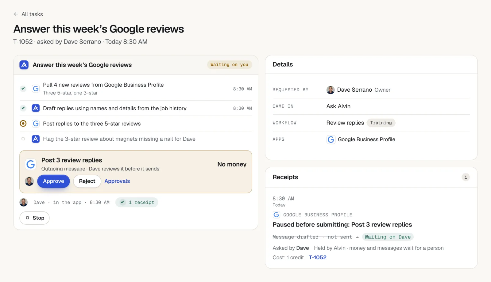 Alvin task 'Answer this week's Google reviews' waiting on approval to post 3 review replies, with a step to flag a 3-star review for the owner.