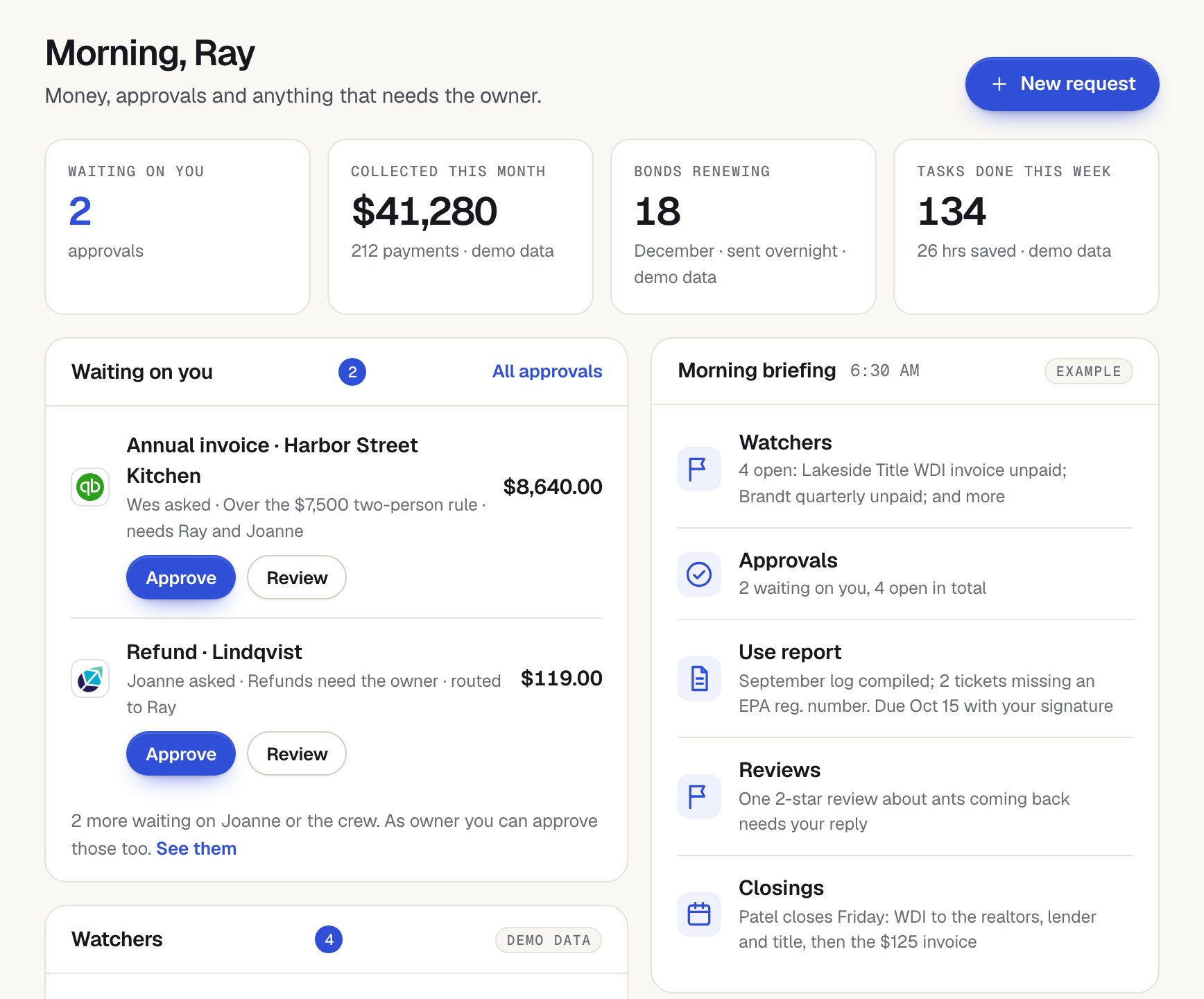 The Alvin app Today screen: approvals waiting on the owner, money stats and the morning briefing