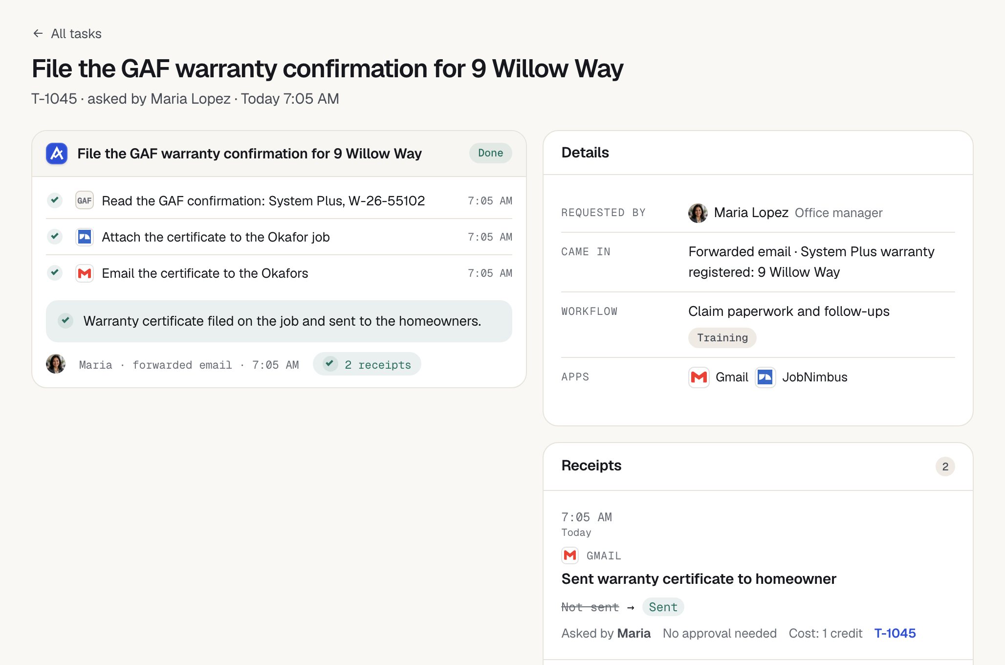 A task in the Alvin app: each step Alvin took, and receipts with before and after, who asked and approvals