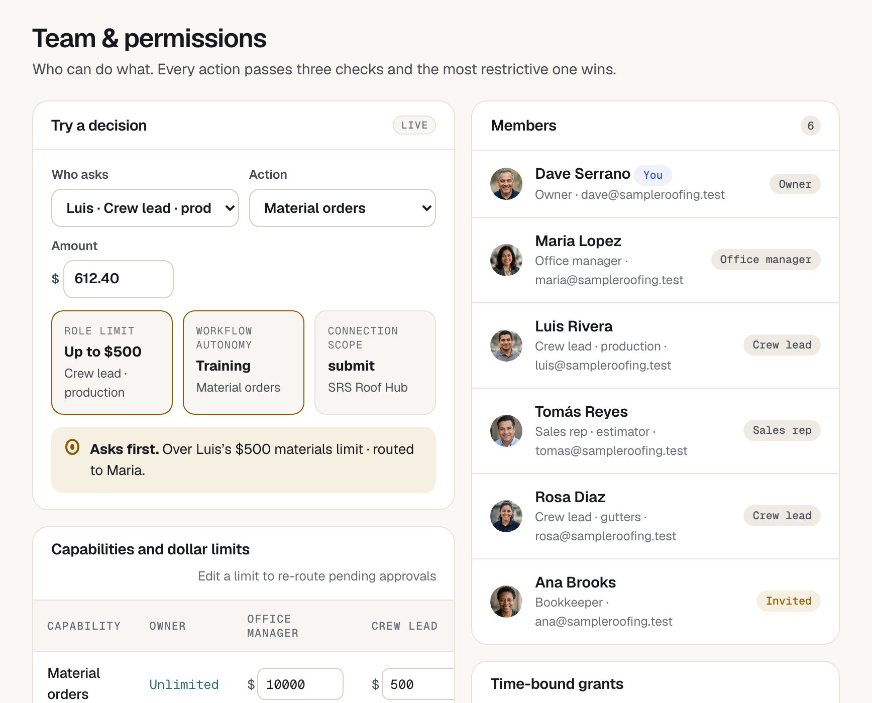 Team and permissions: try a decision, each role's dollar limits, and the team members